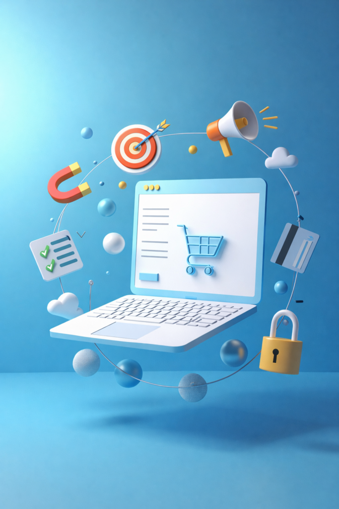 Illustration showing business growth through digital marketing strategies such as social media, SEO, content marketing, and online analytics